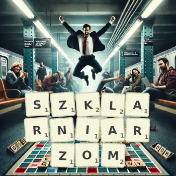 Kreatywna ilustracja do gry w Scrabble ze słowem SZKLARNIARZOM ułożonym z płytek na planszy.