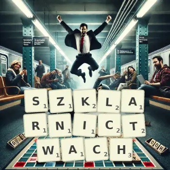 Kreatywna ilustracja do gry w Scrabble ze słowem SZKLARNICTWACH ułożonym z płytek na planszy.