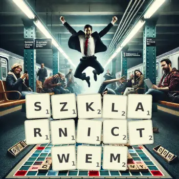 Kreatywna ilustracja do gry w Scrabble ze słowem SZKLARNICTWEM ułożonym z płytek na planszy.