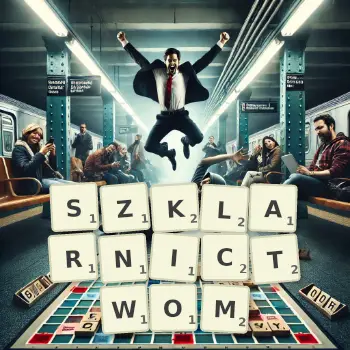 Kreatywna ilustracja do gry w Scrabble ze słowem SZKLARNICTWOM ułożonym z płytek na planszy.