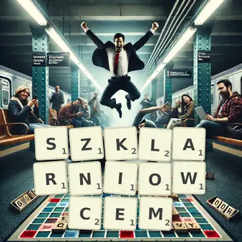 Kreatywna ilustracja do gry w Scrabble ze słowem SZKLARNIOWCEM ułożonym z płytek na planszy.