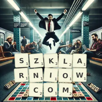 Kreatywna ilustracja do gry w Scrabble ze słowem SZKLARNIOWCOM ułożonym z płytek na planszy.