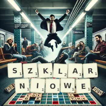 Kreatywna ilustracja do gry w Scrabble ze słowem SZKLARNIOWE ułożonym z płytek na planszy.