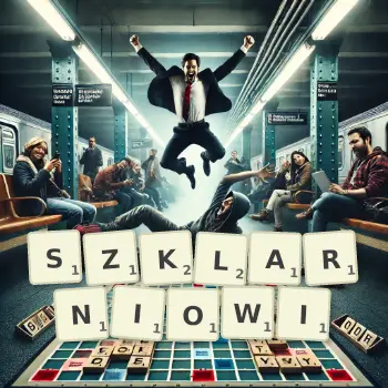 Kreatywna ilustracja do gry w Scrabble ze słowem SZKLARNIOWI ułożonym z płytek na planszy.