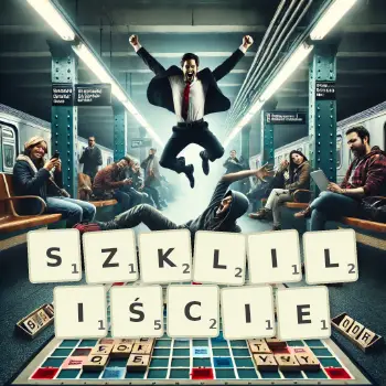 Kreatywna ilustracja do gry w Scrabble ze słowem SZKLILIŚCIE ułożonym z płytek na planszy.