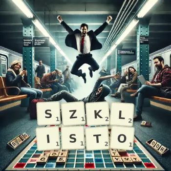 Kreatywna ilustracja do gry w Scrabble ze słowem SZKLISTO ułożonym z płytek na planszy.