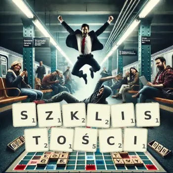 Kreatywna ilustracja do gry w Scrabble ze słowem SZKLISTOŚCI ułożonym z płytek na planszy.