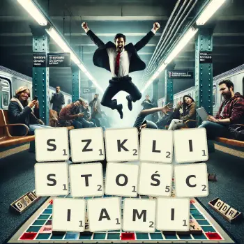 Kreatywna ilustracja do gry w Scrabble ze słowem SZKLISTOŚCIAMI ułożonym z płytek na planszy.