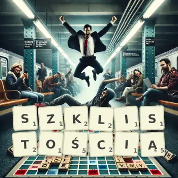 Kreatywna ilustracja do gry w Scrabble ze słowem SZKLISTOŚCIĄ ułożonym z płytek na planszy.