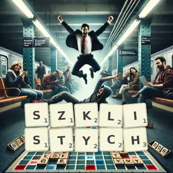 Kreatywna ilustracja do gry w Scrabble ze słowem SZKLISTYCH ułożonym z płytek na planszy.