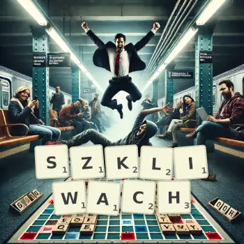 Kreatywna ilustracja do gry w Scrabble ze słowem SZKLIWACH ułożonym z płytek na planszy.