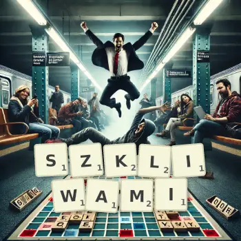 Kreatywna ilustracja do gry w Scrabble ze słowem SZKLIWAMI ułożonym z płytek na planszy.