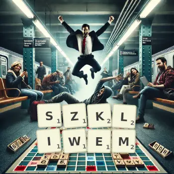 Kreatywna ilustracja do gry w Scrabble ze słowem SZKLIWEM ułożonym z płytek na planszy.