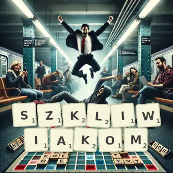 Kreatywna ilustracja do gry w Scrabble ze słowem SZKLIWIAKOM ułożonym z płytek na planszy.