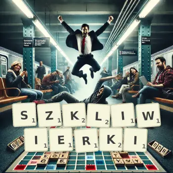 Kreatywna ilustracja do gry w Scrabble ze słowem SZKLIWIERKI ułożonym z płytek na planszy.