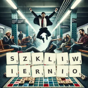 Kreatywna ilustracja do gry w Scrabble ze słowem SZKLIWIERNIO ułożonym z płytek na planszy.