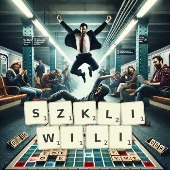 Kreatywna ilustracja do gry w Scrabble ze słowem SZKLIWILI ułożonym z płytek na planszy.