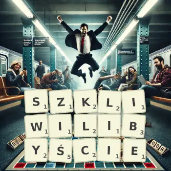 Kreatywna ilustracja do gry w Scrabble ze słowem SZKLIWILIBYŚCIE ułożonym z płytek na planszy.