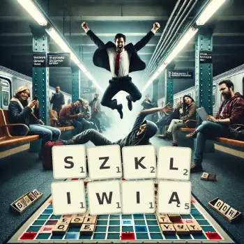 Kreatywna ilustracja do gry w Scrabble ze słowem SZKLIWIĄ ułożonym z płytek na planszy.