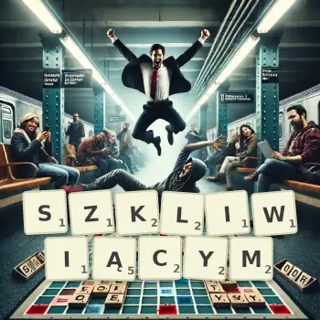 Kreatywna ilustracja do gry w Scrabble ze słowem SZKLIWIĄCYM ułożonym z płytek na planszy.