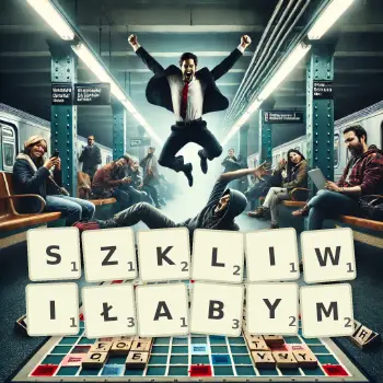 Kreatywna ilustracja do gry w Scrabble ze słowem SZKLIWIŁABYM ułożonym z płytek na planszy.