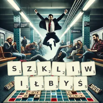 Kreatywna ilustracja do gry w Scrabble ze słowem SZKLIWIŁBYŚ ułożonym z płytek na planszy.