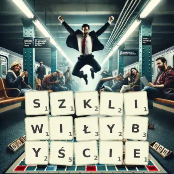 Kreatywna ilustracja do gry w Scrabble ze słowem SZKLIWIŁYBYŚCIE ułożonym z płytek na planszy.