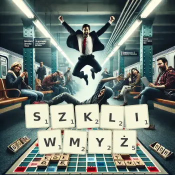 Kreatywna ilustracja do gry w Scrabble ze słowem SZKLIWMYŻ ułożonym z płytek na planszy.