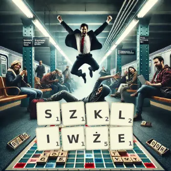 Kreatywna ilustracja do gry w Scrabble ze słowem SZKLIWŻE ułożonym z płytek na planszy.
