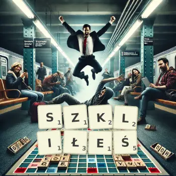 Kreatywna ilustracja do gry w Scrabble ze słowem SZKLIŁEŚ ułożonym z płytek na planszy.