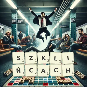 Kreatywna ilustracja do gry w Scrabble ze słowem SZKLIŃCACH ułożonym z płytek na planszy.