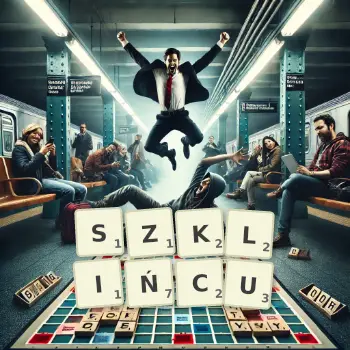 Kreatywna ilustracja do gry w Scrabble ze słowem SZKLIŃCU ułożonym z płytek na planszy.