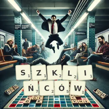 Kreatywna ilustracja do gry w Scrabble ze słowem SZKLIŃCÓW ułożonym z płytek na planszy.