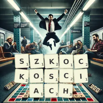Kreatywna ilustracja do gry w Scrabble ze słowem SZKOCKOSCIACH ułożonym z płytek na planszy.