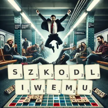 Kreatywna ilustracja do gry w Scrabble ze słowem SZKODLIWEMU ułożonym z płytek na planszy.
