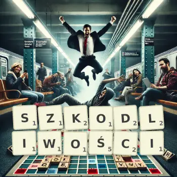 Kreatywna ilustracja do gry w Scrabble ze słowem SZKODLIWOŚCI ułożonym z płytek na planszy.