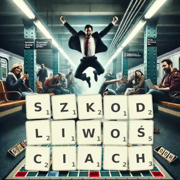 Kreatywna ilustracja do gry w Scrabble ze słowem SZKODLIWOŚCIACH ułożonym z płytek na planszy.