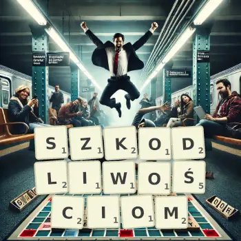 Kreatywna ilustracja do gry w Scrabble ze słowem SZKODLIWOŚCIOM ułożonym z płytek na planszy.