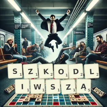 Kreatywna ilustracja do gry w Scrabble ze słowem SZKODLIWSZĄ ułożonym z płytek na planszy.