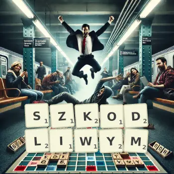 Kreatywna ilustracja do gry w Scrabble ze słowem SZKODLIWYM ułożonym z płytek na planszy.