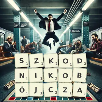 Kreatywna ilustracja do gry w Scrabble ze słowem SZKODNIKOBÓJCZA ułożonym z płytek na planszy.