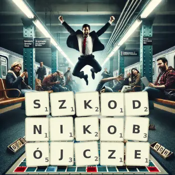 Kreatywna ilustracja do gry w Scrabble ze słowem SZKODNIKOBÓJCZE ułożonym z płytek na planszy.