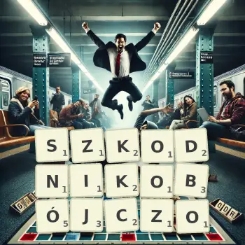 Kreatywna ilustracja do gry w Scrabble ze słowem SZKODNIKOBÓJCZO ułożonym z płytek na planszy.