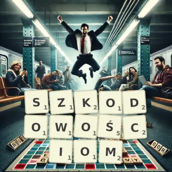Kreatywna ilustracja do gry w Scrabble ze słowem SZKODOWOŚCIOM ułożonym z płytek na planszy.