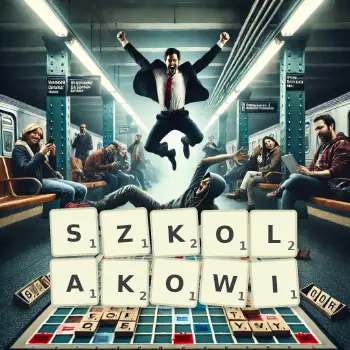 Kreatywna ilustracja do gry w Scrabble ze słowem SZKOLAKOWI ułożonym z płytek na planszy.