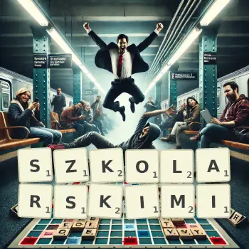 Kreatywna ilustracja do gry w Scrabble ze słowem SZKOLARSKIMI ułożonym z płytek na planszy.