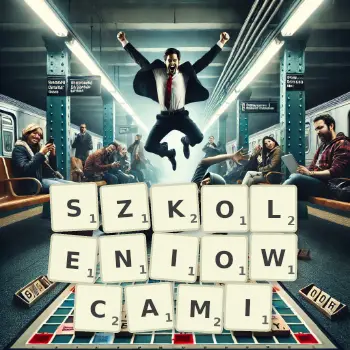 Kreatywna ilustracja do gry w Scrabble ze słowem SZKOLENIOWCAMI ułożonym z płytek na planszy.