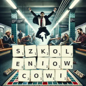 Kreatywna ilustracja do gry w Scrabble ze słowem SZKOLENIOWCOWI ułożonym z płytek na planszy.