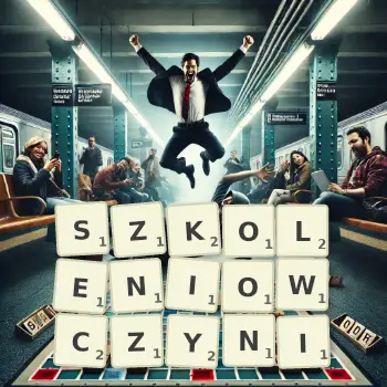 Kreatywna ilustracja do gry w Scrabble ze słowem SZKOLENIOWCZYNI ułożonym z płytek na planszy.