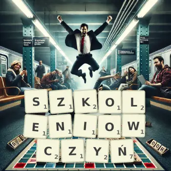 Kreatywna ilustracja do gry w Scrabble ze słowem SZKOLENIOWCZYŃ ułożonym z płytek na planszy.